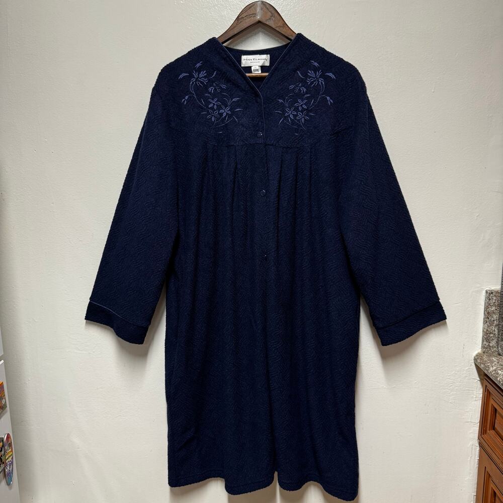 Miss Elaine 1X Navy Blue Embroidered Floral Housecoat Robe Textured Grannycore